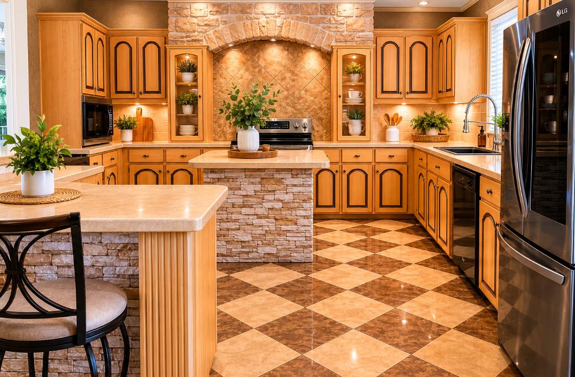 438 Kellar Road Smithville, TX 78957 - Photo 13 of 30 A well-lit kitchen with natural wood cabinetry and a stylish stone-faced island.