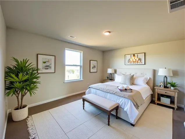 a bedroom with a large bed plant and a window