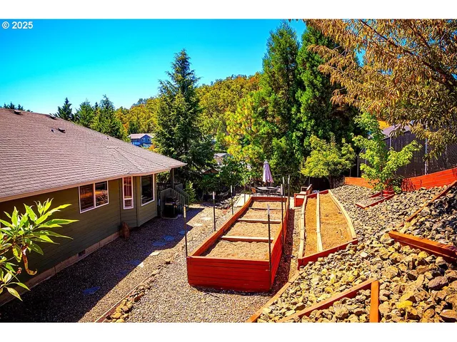 a backyard of a house with table and chairs
