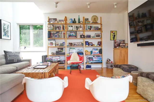 a living room with furniture cabinets and a book shelf