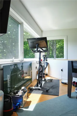 a view of a room with gym equipment