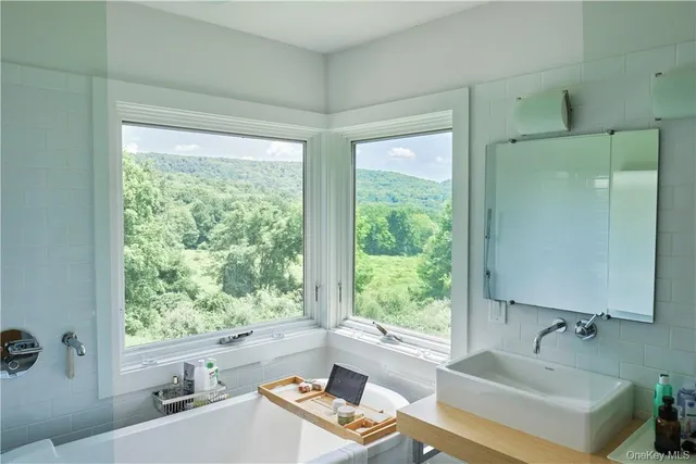 a bathroom with a tub sink and window