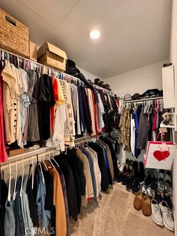 a view of walk in closet with clothes and shoes