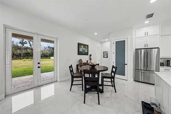 a view of a dining room with furniture window and outside view