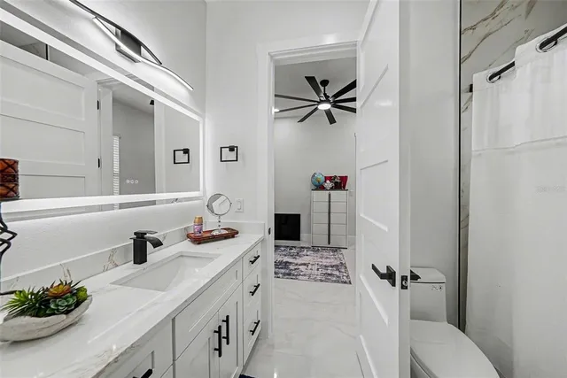 a bathroom with a sink a toilet and a mirror