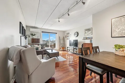 a living room with furniture a table and a potted plant