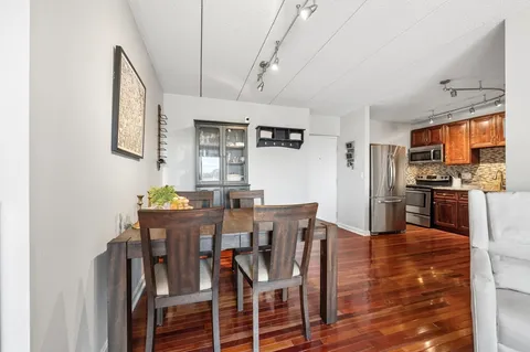 a view of a dining room with furniture