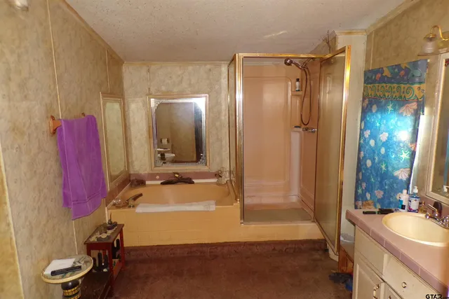 a bathroom with a tub a sink and mirror