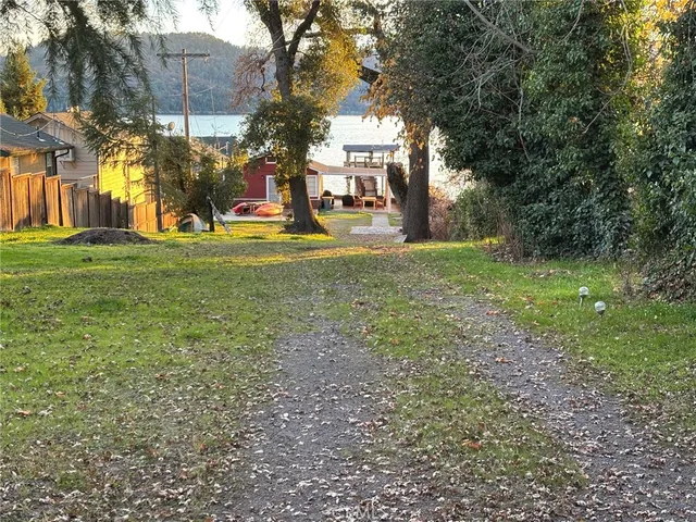 a view of a park with large trees