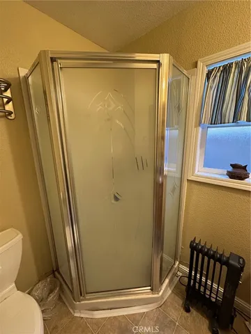 a bathroom with a shower and a toilet