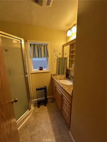 a bathroom with a sink a mirror and a shower