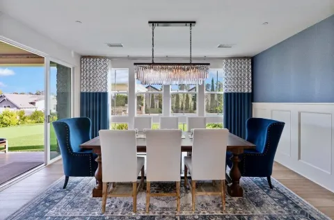 a view of a dining room with furniture window and outside view