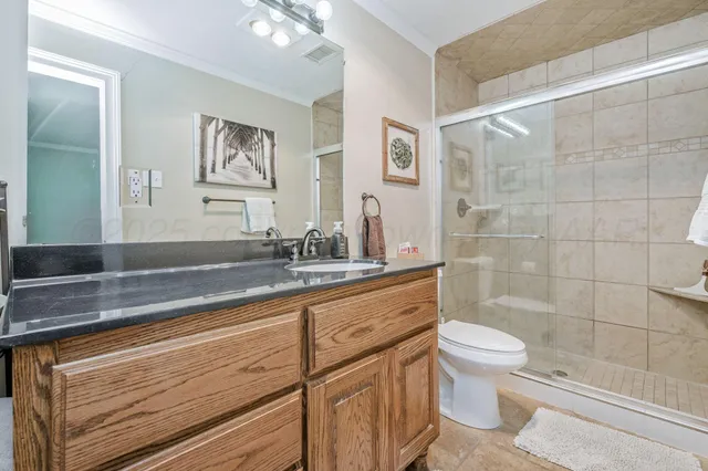 a bathroom with a sink a toilet a mirror and shower