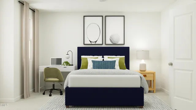 a bedroom with a bed mirror and window