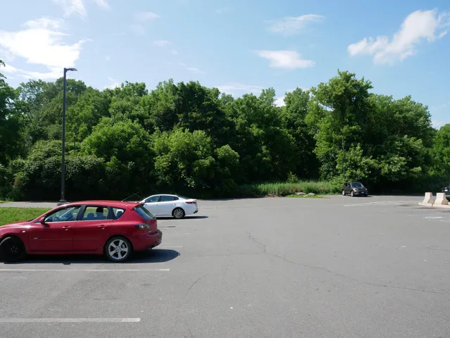 a car parked in front of a house with large trees