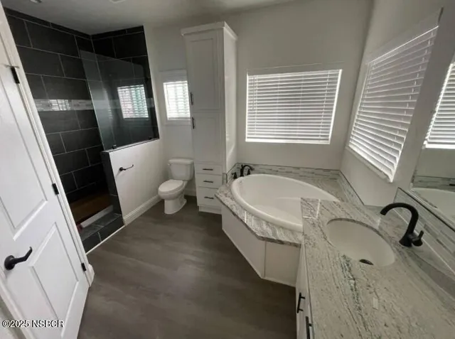 a bathroom with a granite countertop sink a toilet and bathtub