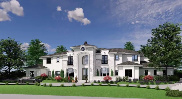 a view of a white house with a big yard and potted plants and large trees