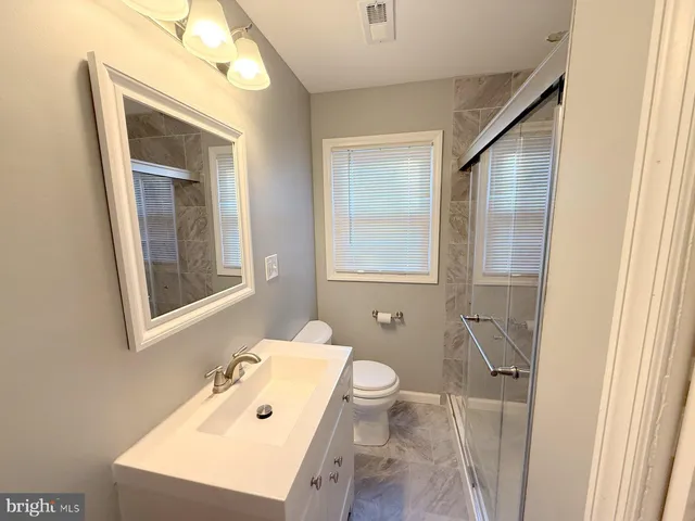 a bathroom with a sink a toilet a mirror and vanity
