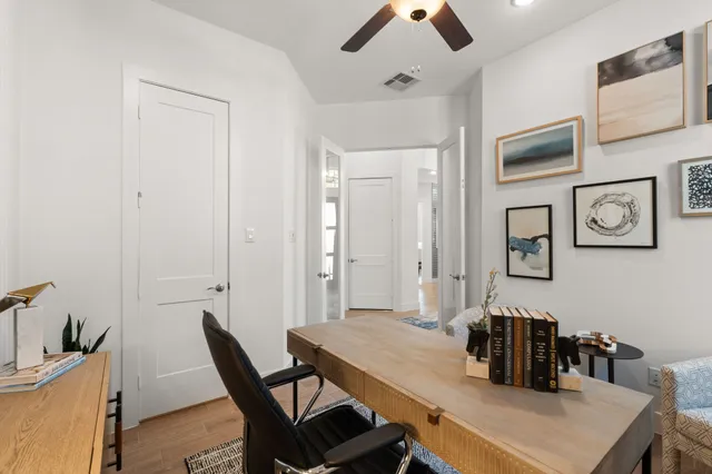 a view of a dining room with furniture