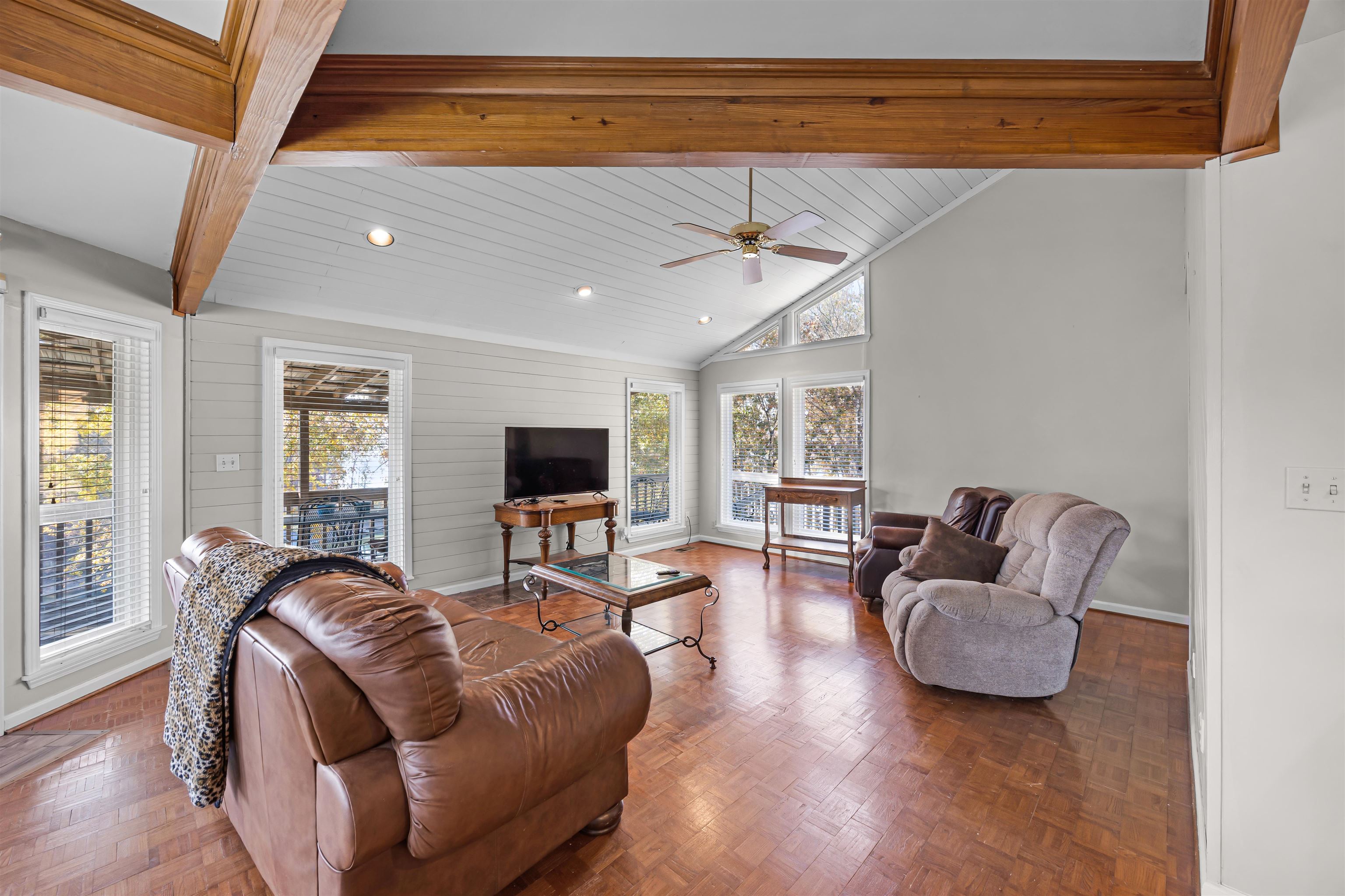 80 Riviera Cove Cherokee, AL 35616 - Photo 6 of 31 Living room featuring plenty of natural light, high vaulted ceiling, a wood ceiling with exposed beams, recessed lighting, and ceiling fan