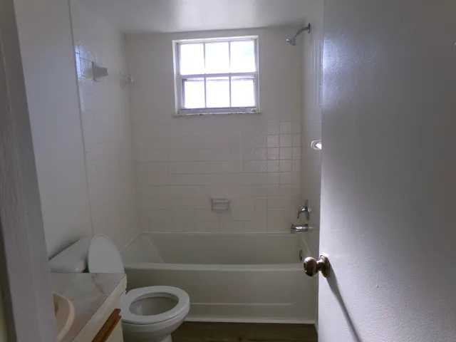 a bathroom with a toilet and a bath tub