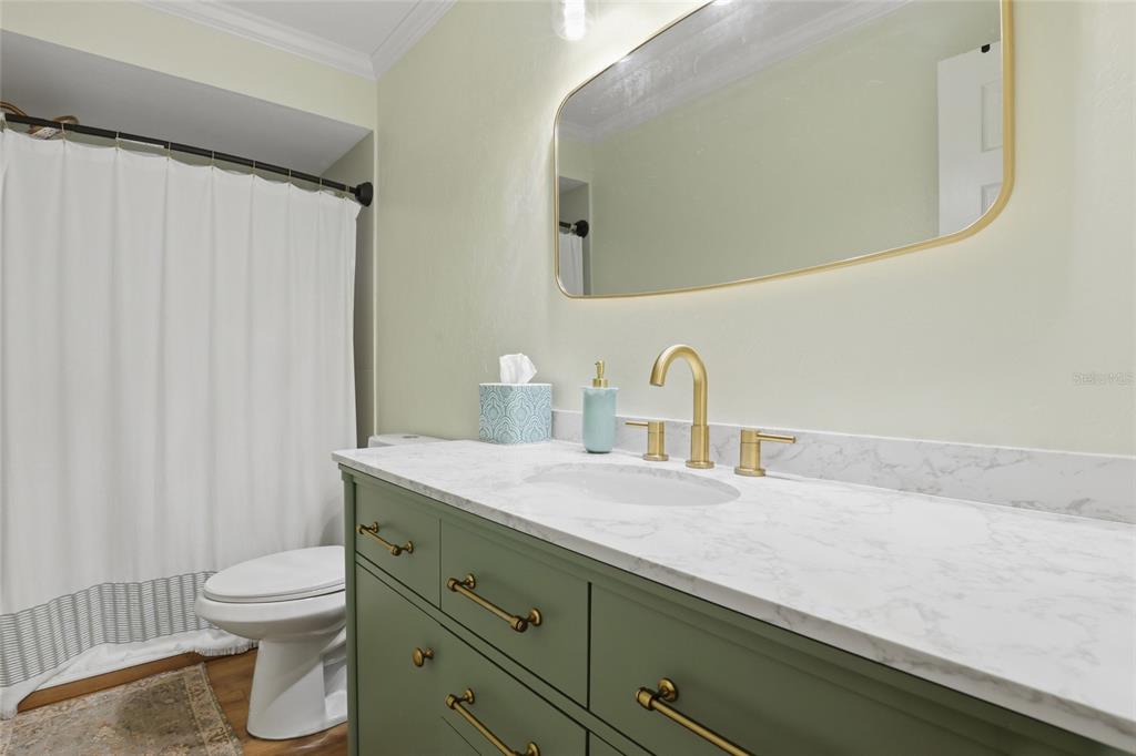 4576 Bliss Road Sarasota, FL 34233 - Photo 26 of 40 a bathroom with a granite countertop sink a toilet and a mirror