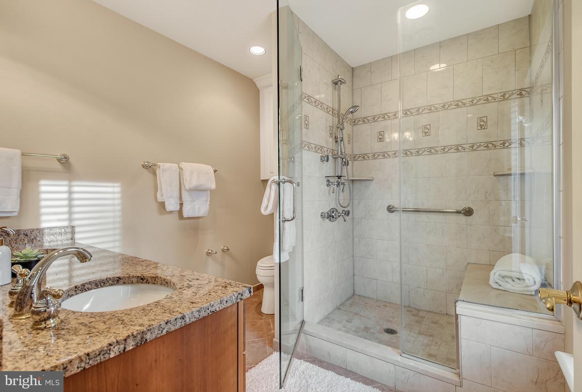 1727 Glastonberry Road Potomac, MD 20854 - Photo 29 of 45 a bathroom with a granite countertop sink a toilet and shower