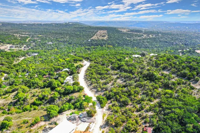 a view of a city with lush green forest