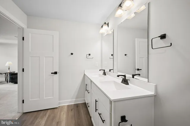 a bathroom with a double vanity sink a mirror and a shower