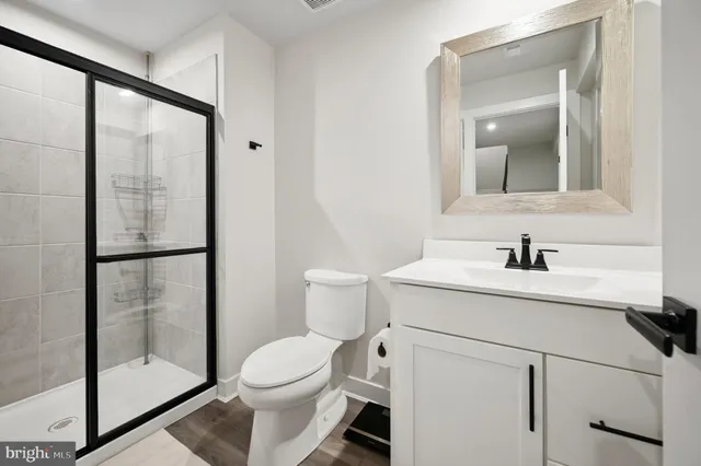 a bathroom with a shower sink vanity mirror and toilet