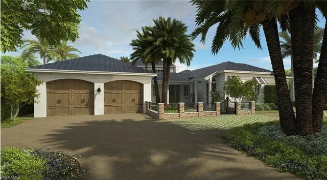 a front view of a house with a garden and trees