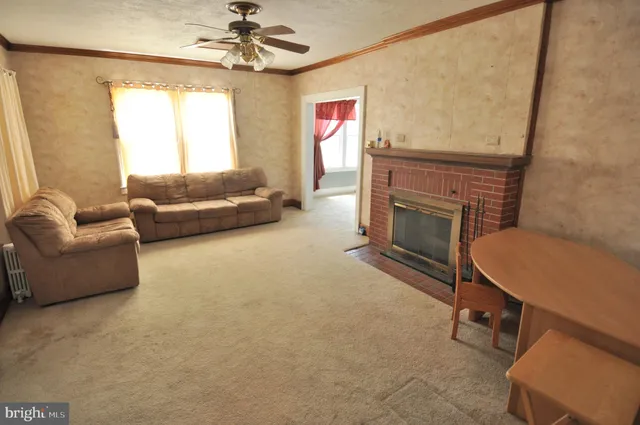 a living room with furniture and a fireplace