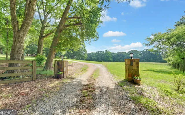 an aerial view of a house with a yard and plants
