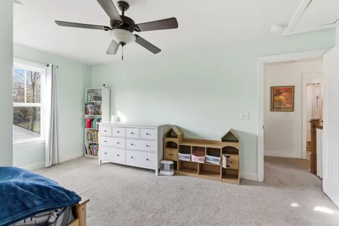 a bedroom with furniture and a ceiling fan