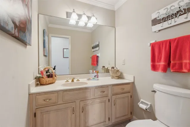 a bathroom with a sink vanity and toilet