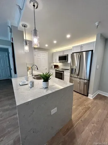 a kitchen with stainless steel appliances a refrigerator sink and wooden floor