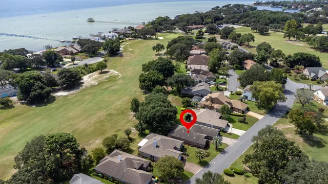 a view of a park with large trees