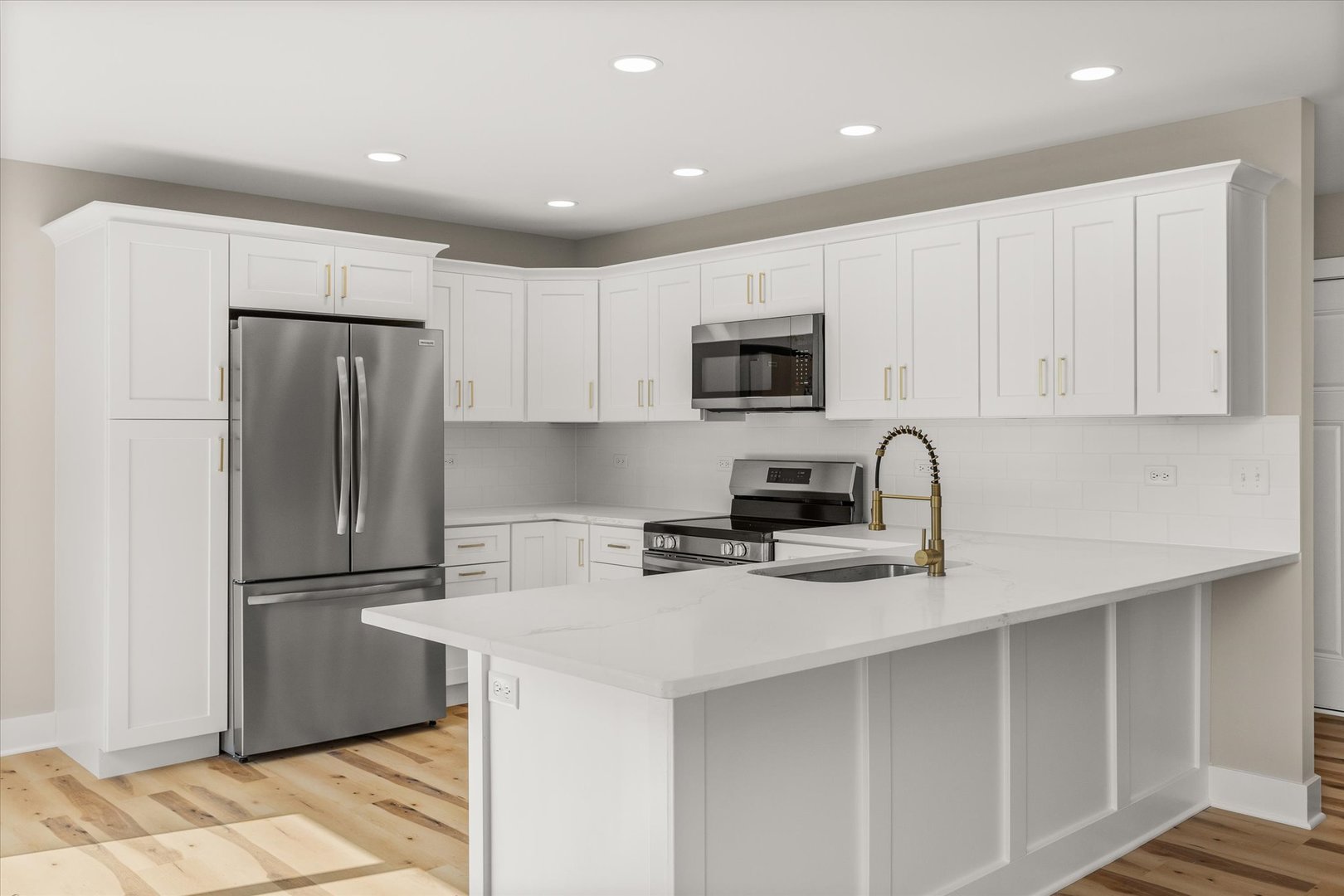 110 Kevin Drive Diamond, IL 60416 - Photo 21 of 39 a kitchen with kitchen island a refrigerator sink and white cabinets