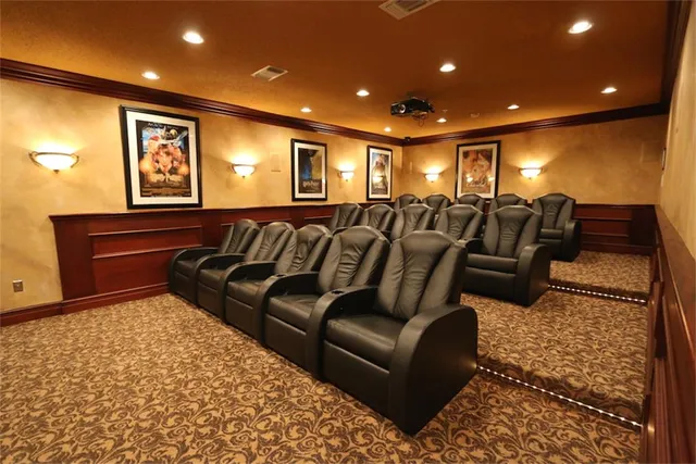 a media room with lots of chairs and a rug