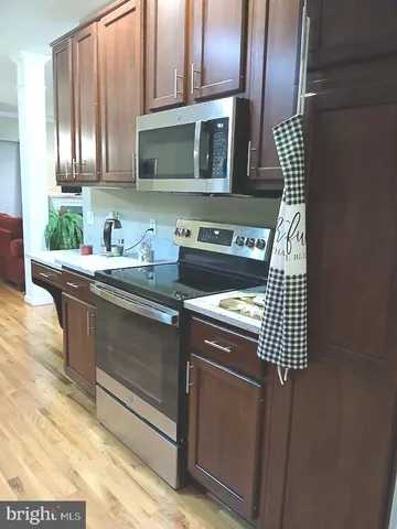 a view of a dining room with furniture