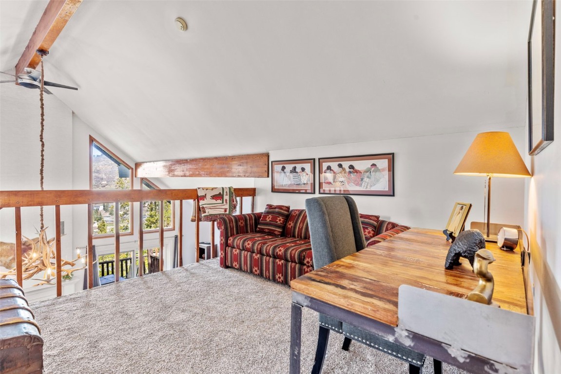 79 Forest Canyon Road Dillon, CO 80435 - Photo 32 of 50 Carpeted office space with ceiling fan and vaulted ceiling with beams