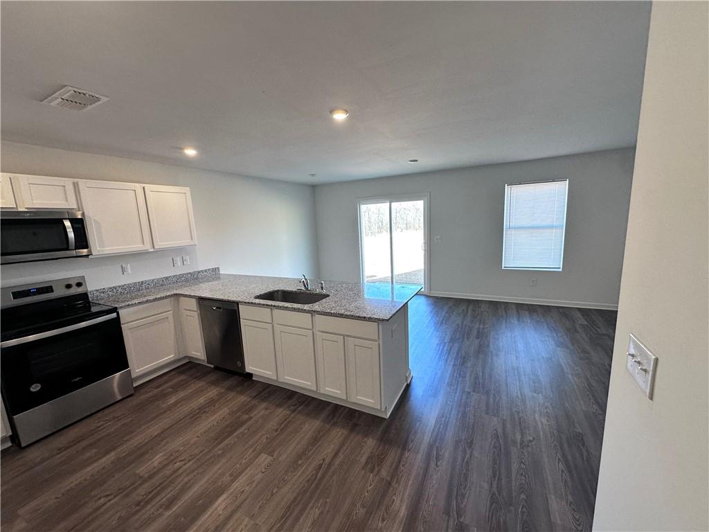 536 Pemberton Street Euharlee, GA 30145 - Photo 2 of 9 a kitchen with granite countertop wooden floors stainless steel appliances a sink and a window