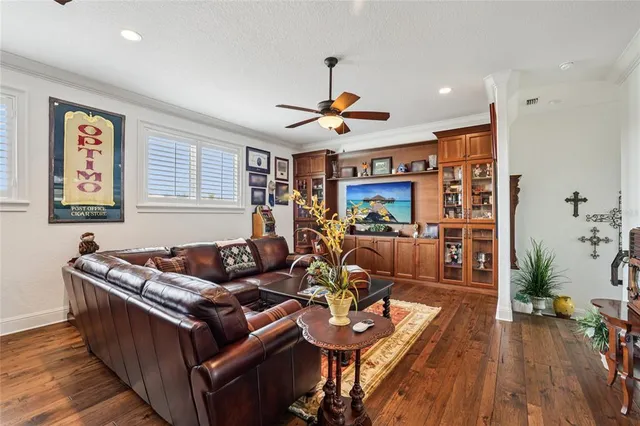 a swimming pool with outdoor seating