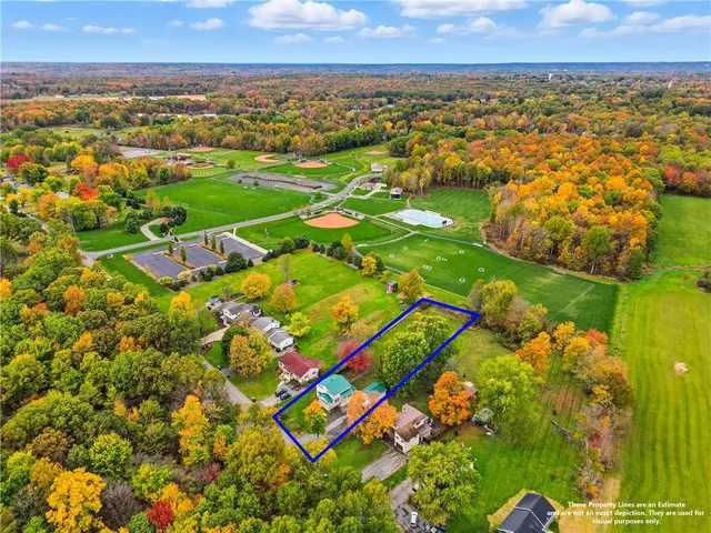 an aerial view of residential houses with outdoor space and trees