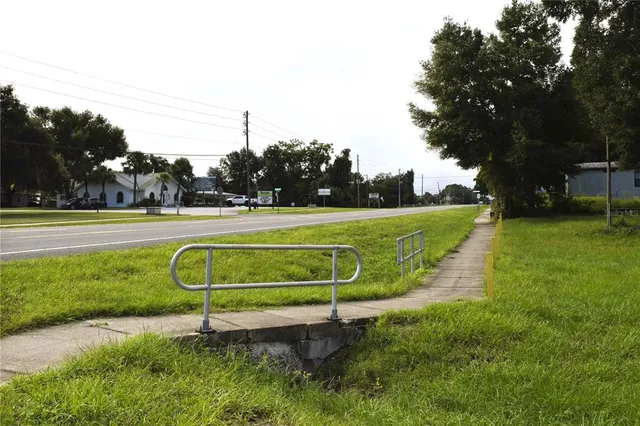 a view of a garden with a slide