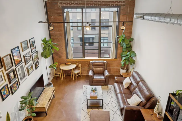 a living room with furniture and a potted plant
