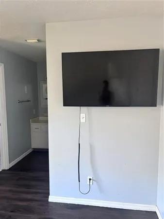 a living room with a wooden floor and a potted plant