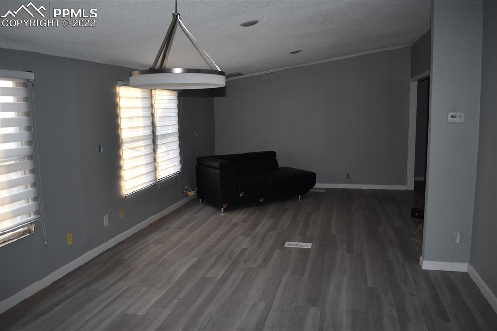9250 County Road East Olney Springs, CO 81062 - Photo 24 of 32 an empty room with wooden floor a fireplace and windows