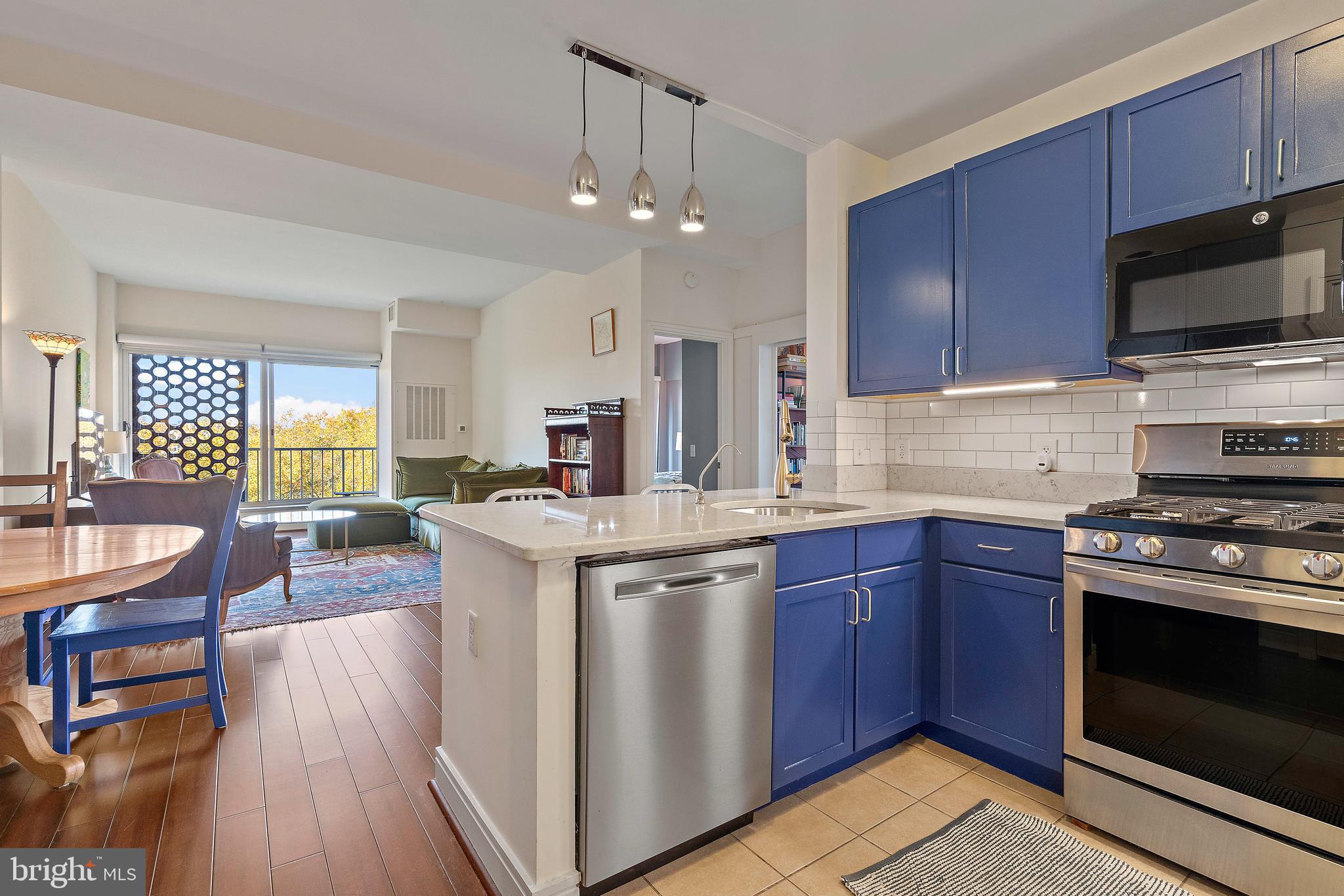 800 4th Street Southwest, Unit N801 Washington, DC 20024 - Photo 8 of 31 a kitchen with stainless steel appliances granite countertop a stove a sink dishwasher a microwave oven and a dining table with wooden floor