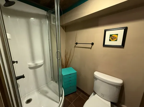 a bathroom with a toilet and a shower